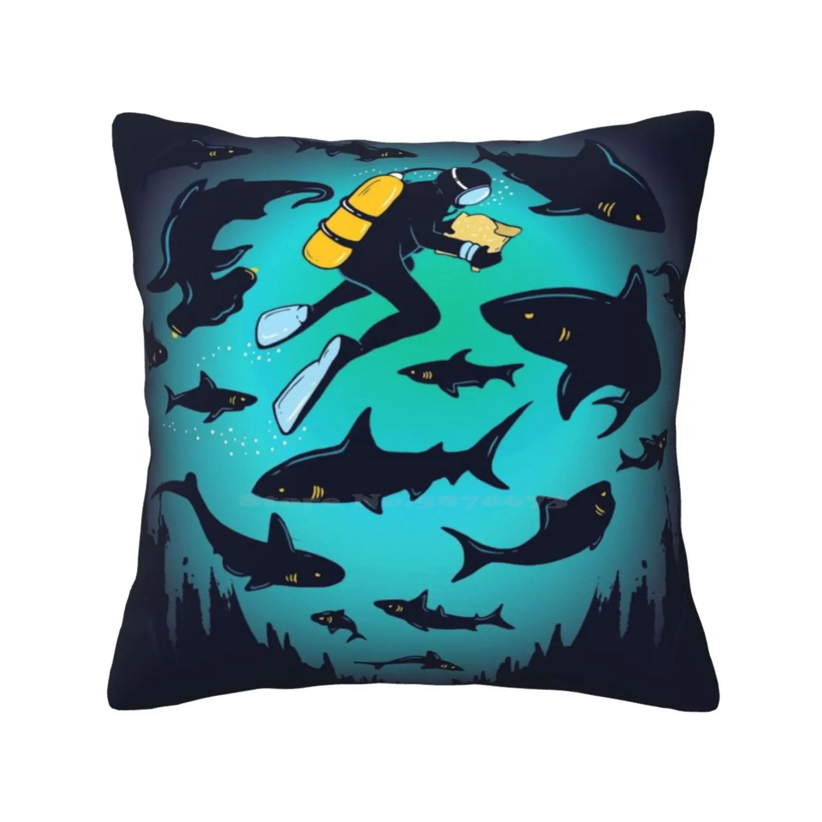 Screwed | Funny Shark And Diver Illustration Home Sofa Car Cushion Cover Pillowcase Scuba Diver Shark Underwater Ocean Deep Sea