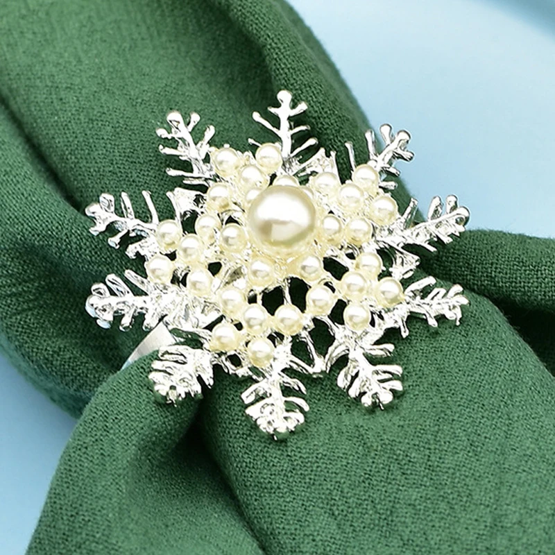 

6Pcs Christmas Snowflake Napkin Rings with Pearl Napkin Rings Holder Serviette Buckles Rings For Xmas Party Wedding Table Decor