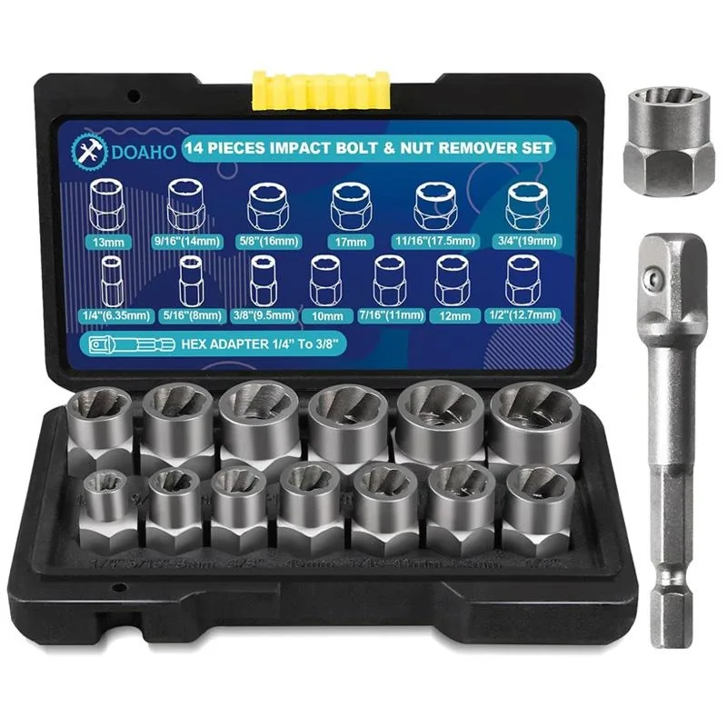 

13+1Pcs Impact Bolt Extractor Kit & Lug Nut Removal Tool, Cr-Mo Rounded Bolt Remover, Stripped Bolt Extractor Set with Solid Sto