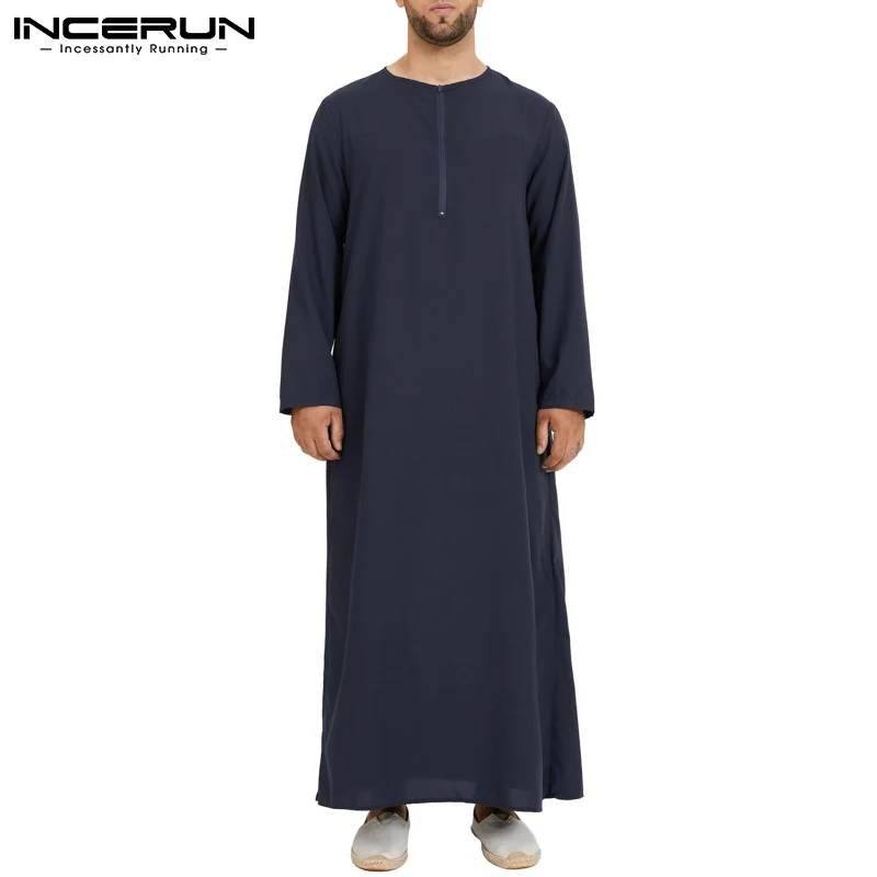 Incerun masculino muçulmano árabe kaftan islâmico manga longa abaya robes cor sólida arábia saudita vestido jubba thobe roupas masculinas S-5XL