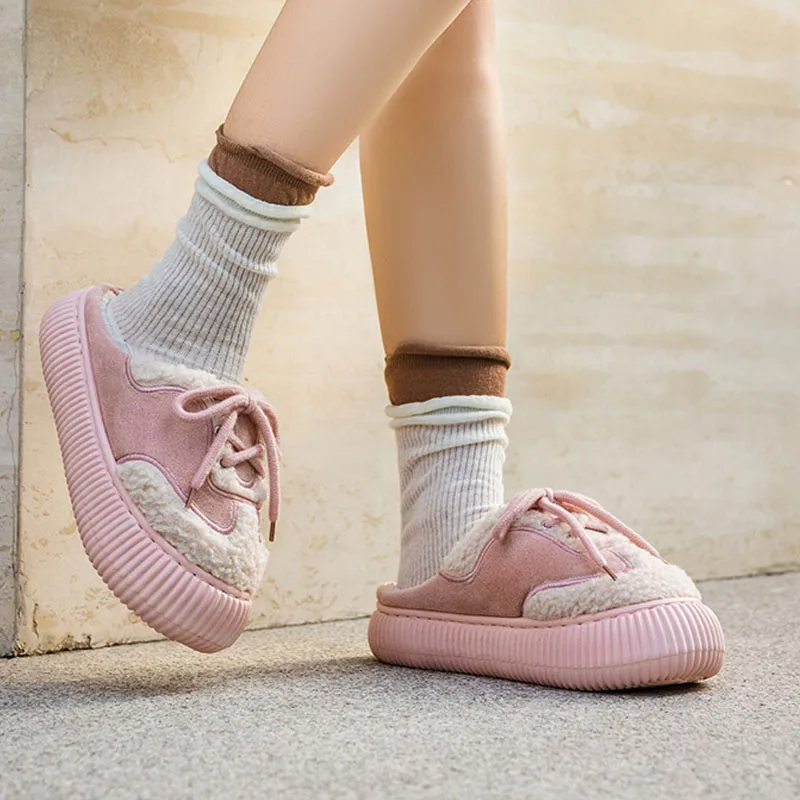 الشتاء المرأة نعال قماش سميكة الصوف الدافئة المنزل أحذية قطنية في الهواء الطلق سميكة سوليد الثلوج الأحذية منصة النعال داخلي #3