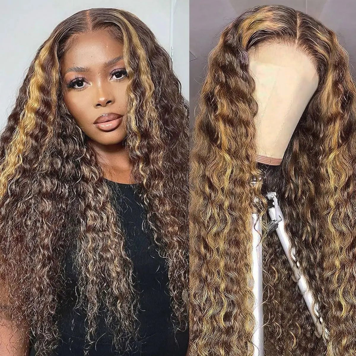 200% highlight Human Hair P427 13x6 Deep Wave Frontal Wig For Women Free Part Blonde Ombre Transparent Lace Curly Wig 30 32 Inch