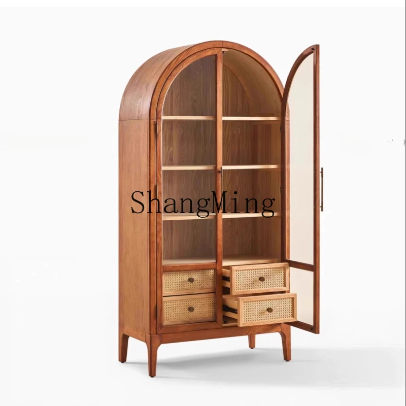 

FG retro solid wood bookcase antique living room storage tea display cabinet