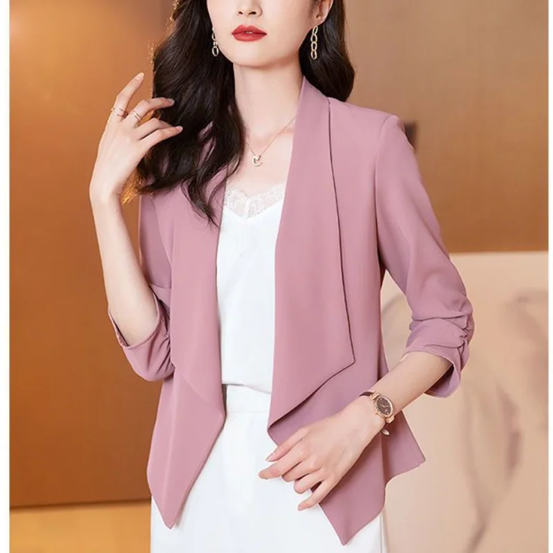 2024 New Spring and Autumn Commuting Minimalist Versatile Chiffon Three Quarter Slim Fit Solid Color Lapel Women\'s Coat Top