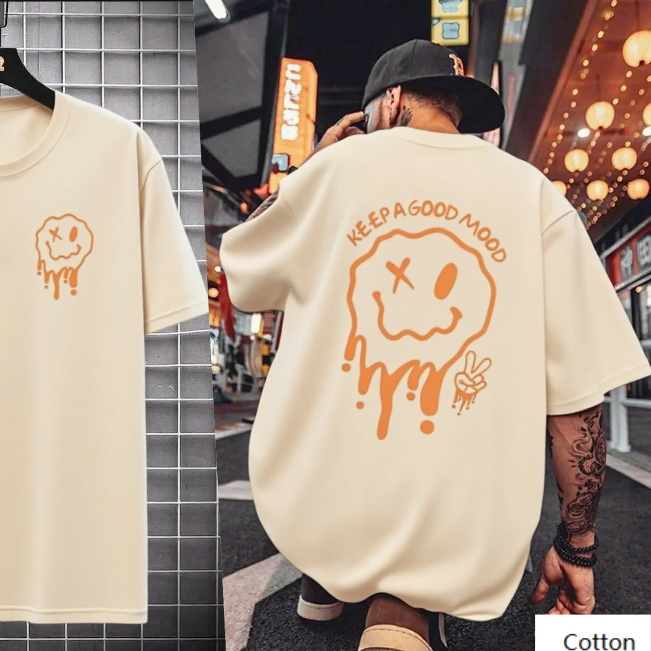 

Cotton T shirt with Smiley and Positive Message Design “Keep A Good Mood” Trendy Printed Brand Pure Cotton T-shirt Short Sleeve