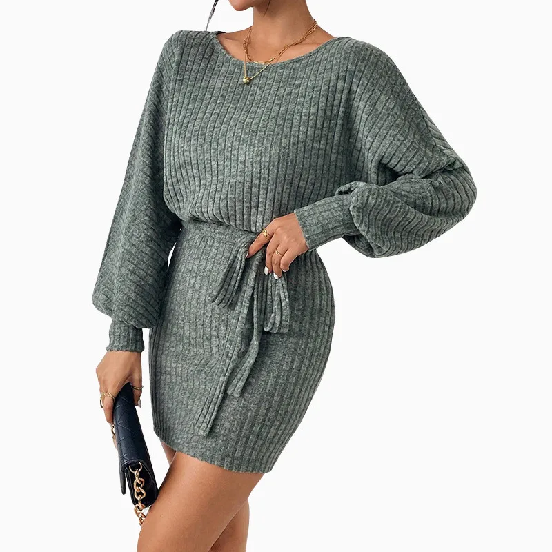 Vestido corto de manga larga para mujer, minivestido informal de punto con cuello redondo, textura a rayas, color verde, novedad de otoño e invierno