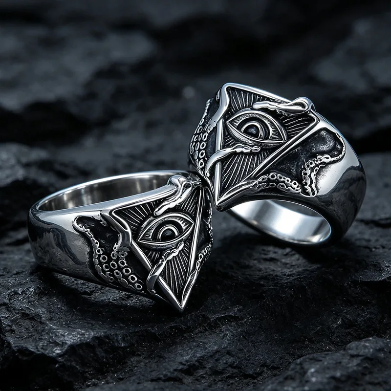 Wide Men All‑Seeing Eye Signet Ring Stainless Steel Triangle Eye Octopus Tentacle Pattern Ring Punk Gothic Finger Ring