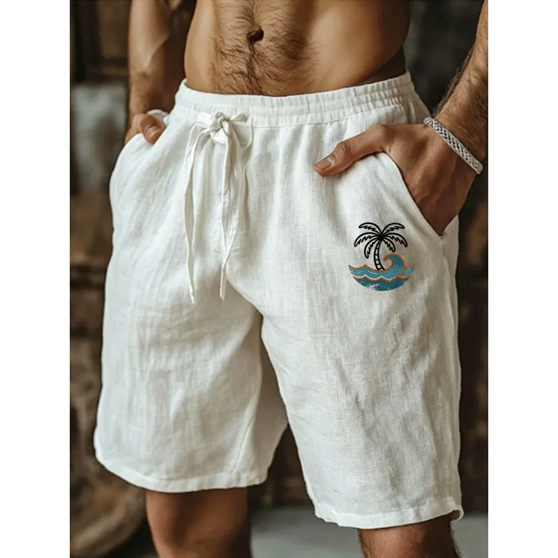 Men's Printed Linen Blend Bermuda Shorts Elastic Waist Drawstring Lightweight Breathable Summer Beach Casual Wear Shorts for Men