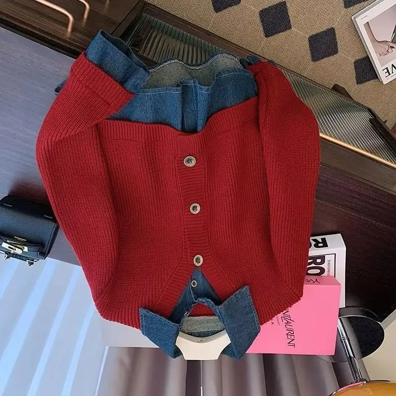 

Высокое качество, осенне-зимний новый корейский двухсекционный джинсовый короткий свитер, кардиган, женский свободный трикотаж, женская верхняя одежда