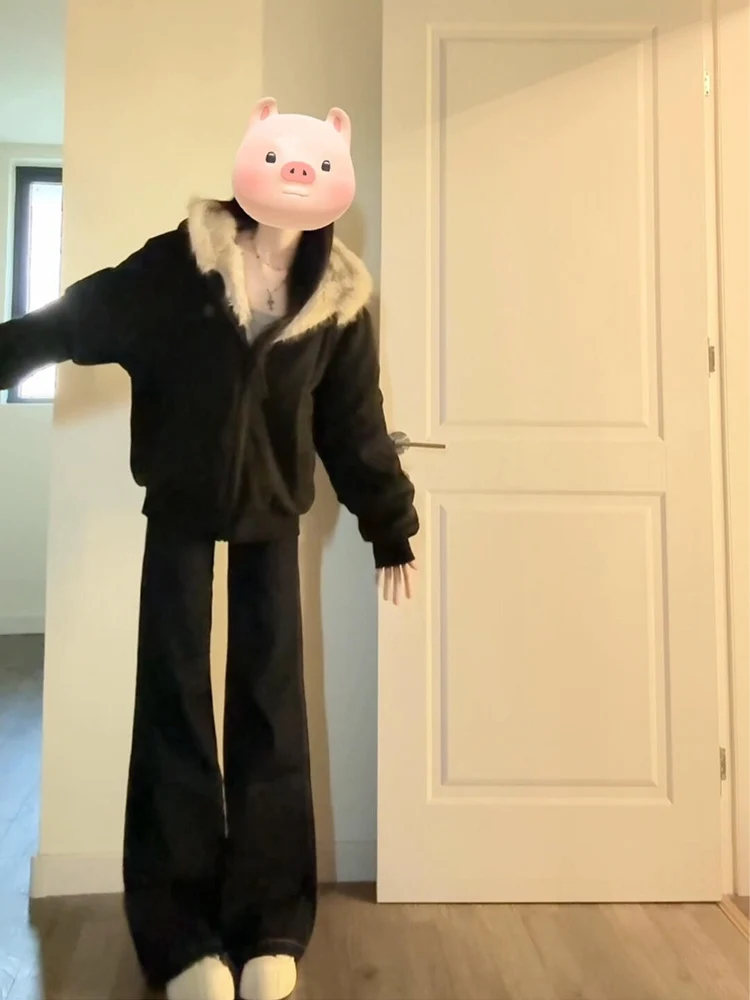 

Low-Waist Fce-Lined Flared Jeans Women's Autumn Winter Slimming Elastic Wide Leg Pants Loose Fit Classic Bla Denim