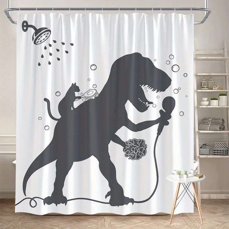 Dinosaur Shower Curtain 180x180cm – Funny Cat Sidekick, Bathroom Karaoke Scene, 12 Hooks Bath decorative shower curtain