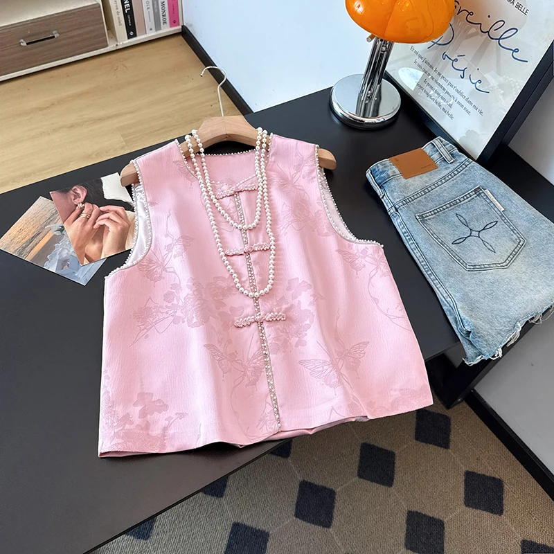Pink Embroidered Chinese Style Vest round Neck Slim Fit Button up Top Ageless Design Daily Wear Standard Cut Plant Floral Pat...