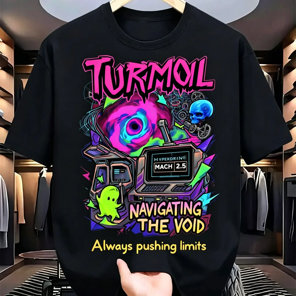 Camiseta de algodón negra para hombre TURMOIL Navigating The Void Tech con estampado gráfico, cuello redondo, informal, de manga corta, estilo streetwear