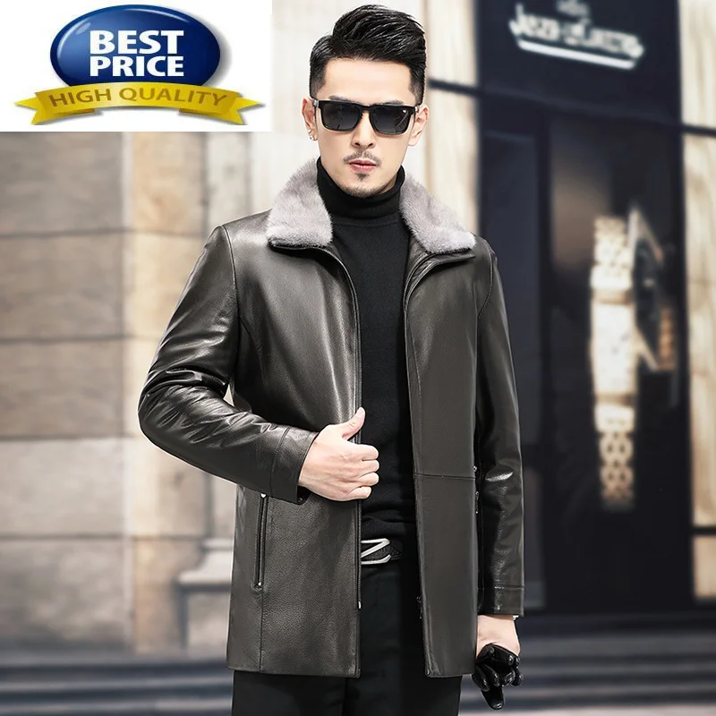 Real Leather 22 Jacket Men's First Layer Sheepskin Leather Down Jacket Mink Fur Collar Mid-length Business Casual Jacket for Men