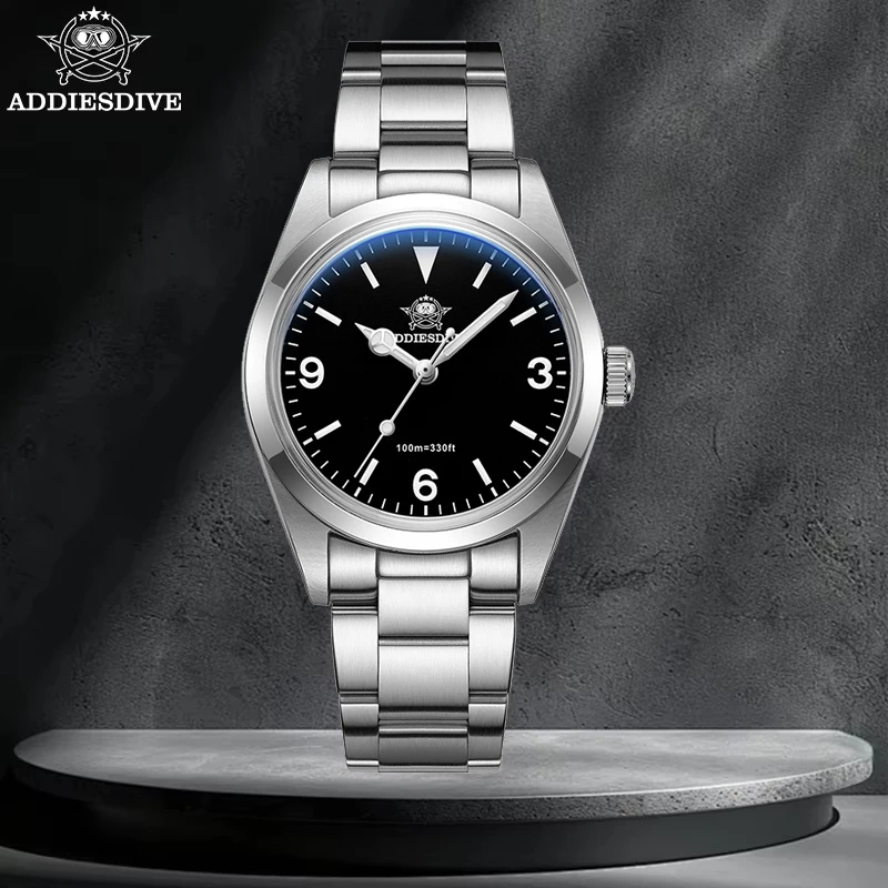 

ADDIESDIVE 36mm Luxury Quartz Watch Sapphire Bubble Mirror Black Dial Super Luminous 100M Waterproof Stainless Steel Men Watches