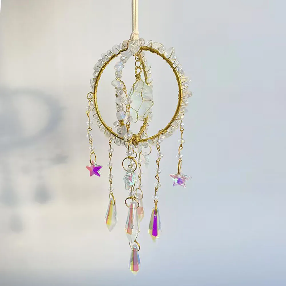 Custom Opal Crystal Sun Catcher - Double Hoop Gold Frame Raw Stone Chip Sphere Hanging Ornament for Window Decor