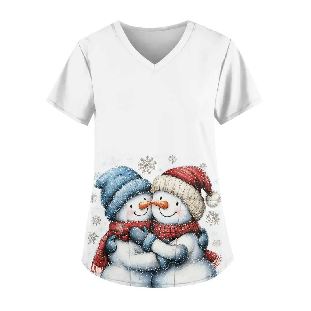 Feliz natal uniforme de trabalho manga curta com decote em v papai noel floco de neve padrão dos desenhos animados topos natal moda roupas casuais
