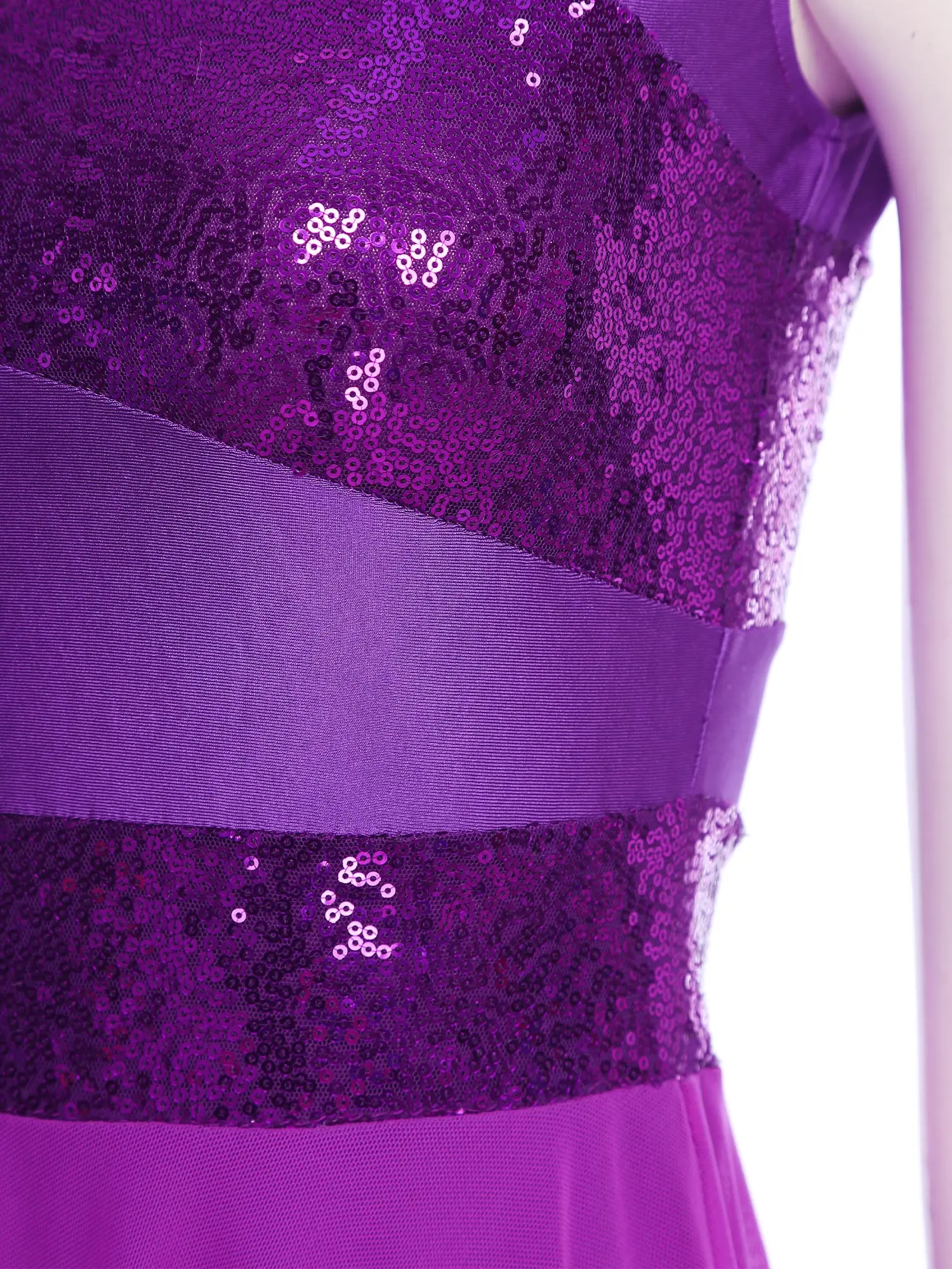 Mono elegante para mujer, vestido sin mangas con corpiño de lentejuelas, superposición de malla asimétrica a la moda con dobladillo acampanado, Ropa de baile