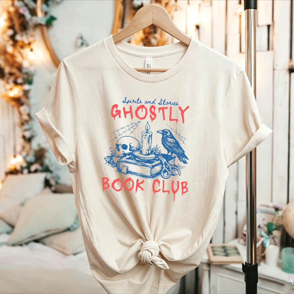 Women Ghostly Book Club Raven Skull Candle Graphic T Shirt Spooky Book Lover Short Sleeve Cotton Tee Gothic Horror Reader Tees