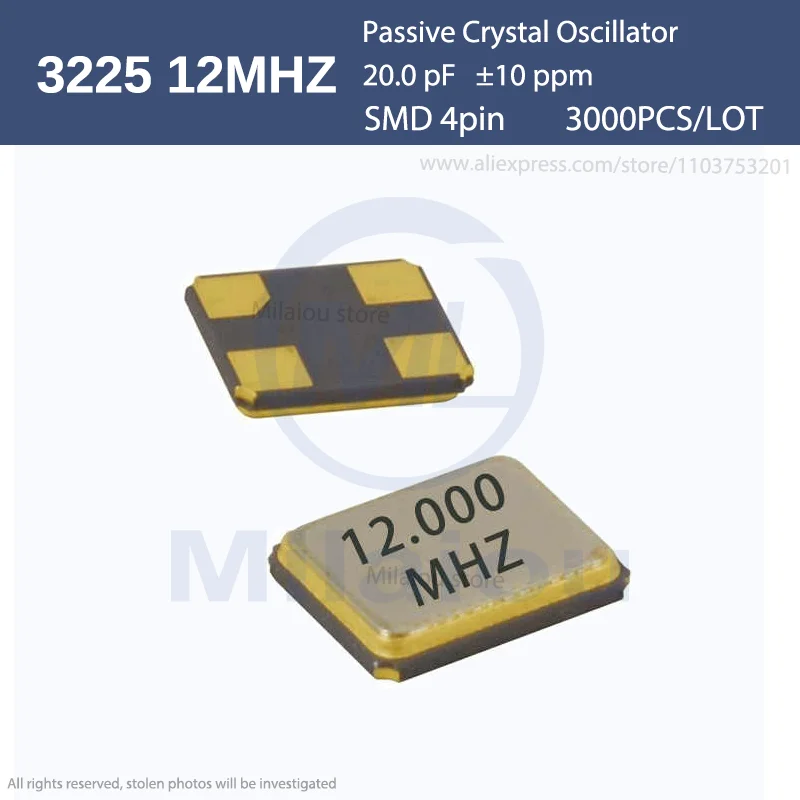 1 Full Reel 3225 12MHz 4pin 20pF 10PPM Passive SMD Quartz Resonator Crystal Oscillator 3000Pcs BRAND-NEW  Golden