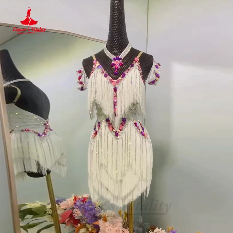 Vestido de baile latino para mujer, falda con borlas de piedras AB, ropa de baile de Tango, Rumba, Chacha, disfraces, vestido latino de Gir