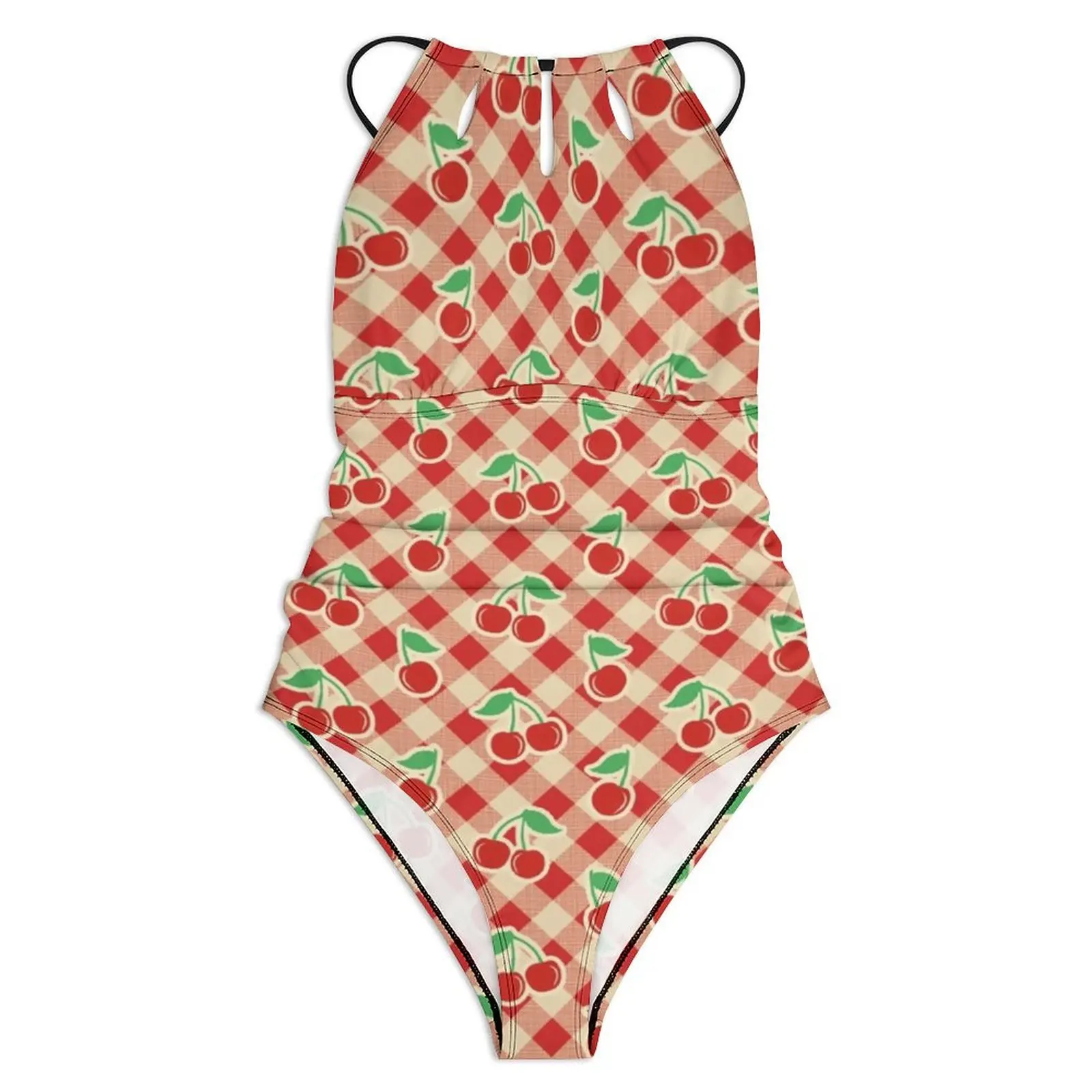 Red Cherry Print Swimsuit Vintage Plaid Push Up Swimwear One Piece Holiday Swim Monokini Bodysuit Pattern Beach Wear Plus Size