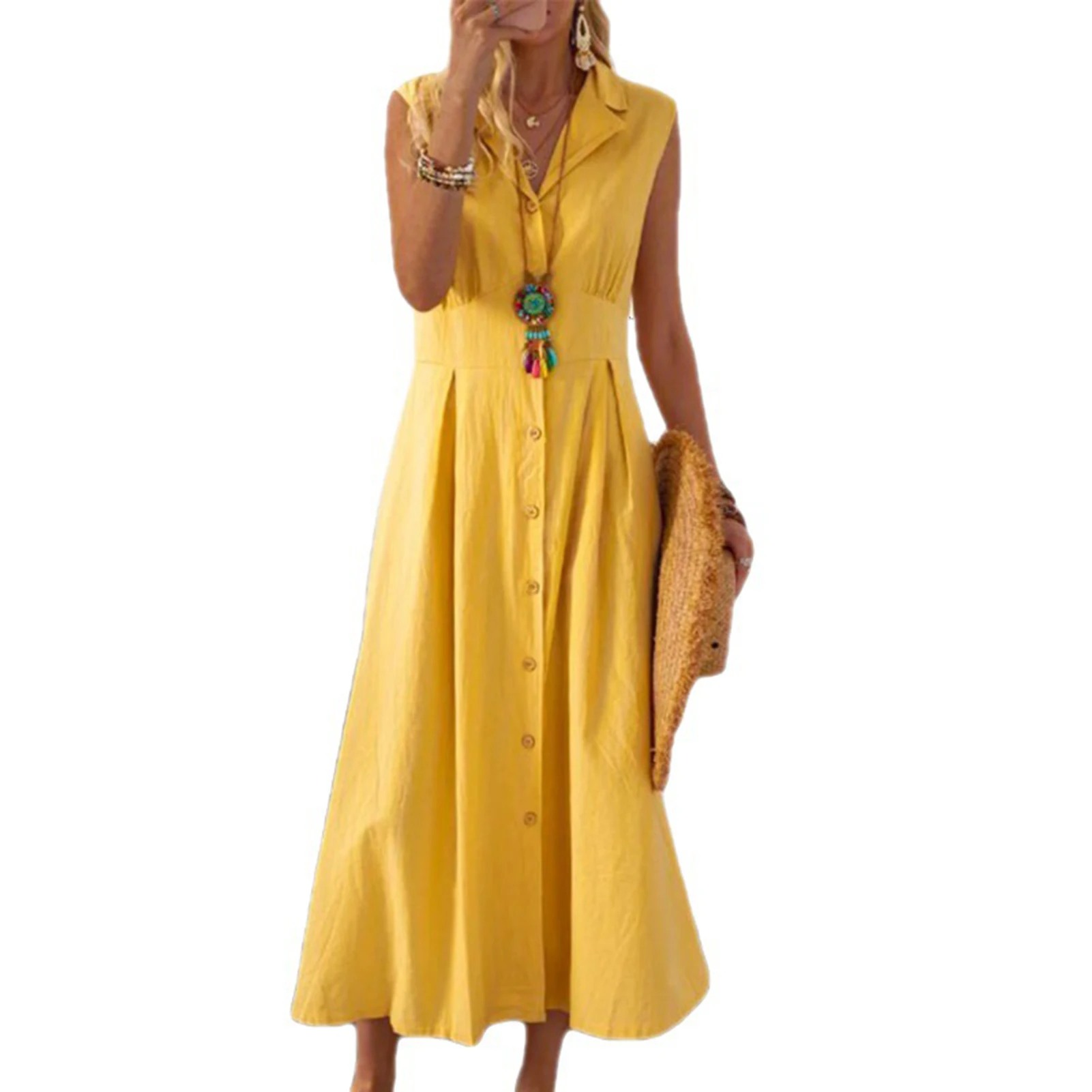 

Long Dress for Woman Turn-Down Collar Linen Top Shirt Dress for Dinner Parties Daily Dating