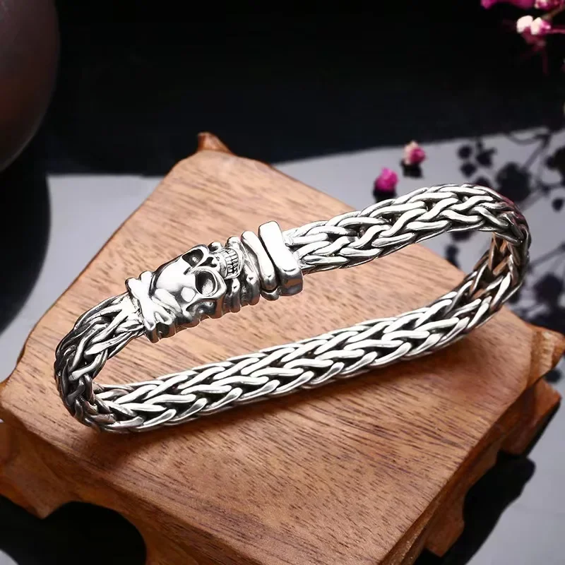 Wholesale S925 Sterling Silver Skeleton Head Bracelet for Men's Handmade Weaving Trend, Personality, Dominance, Retro Style