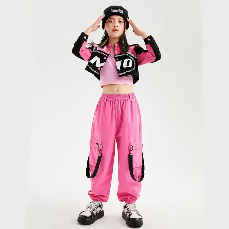 Girls Hip Hop Cool Short Baseball Jacket Street Dance Baggy Cargo Pants Child Crop Top Streetwear Clothes Sets Kids Jazz Costume