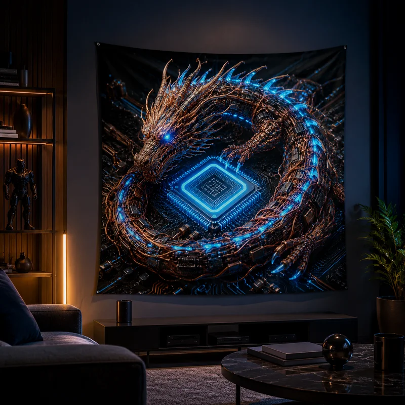 VIKAMA Cyber Mechanical Dragon Tapestry, Blue Light Technology Wall Hanging, Esports Room and Bedroom Home Decor Tapestry