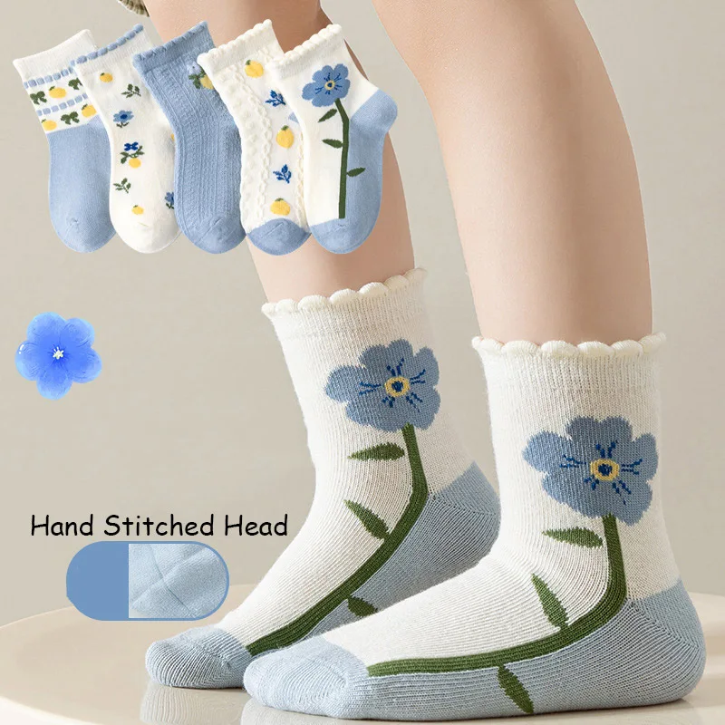 5 Pairs Children Sweet Flower Pattern Socks Ruffle Cuff Soft Cotton Skin‑Friendly Breathable Crew Socks For Little Girls