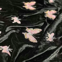 135CM Wide Silk Velvet Fabric for Autumn Winter Dress Pants Pink Beading Sequins Butterfly on Black DIY Sewing Material R1414