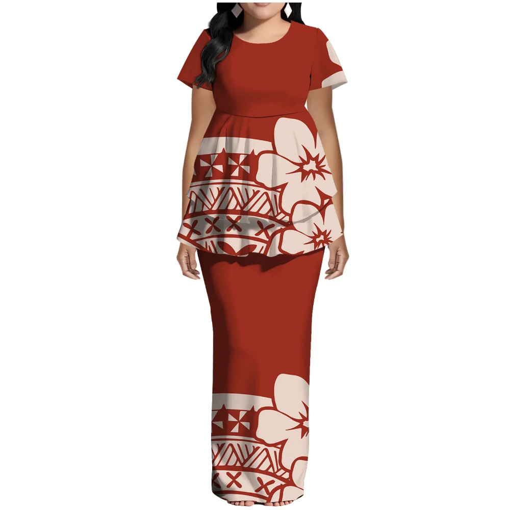 

Customized Samoan Polynesian-Style Women'S Double-Layer Puletasi Dress Set Polynesian-Style Midi Party Fitted Evening Dress