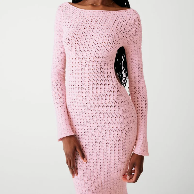 DSMTRC Lady Holidays Club Evening Outfits Elegant Long Sleeve Bodycon Party Dresses Pink Backless Knitted Maxi Dress for Women