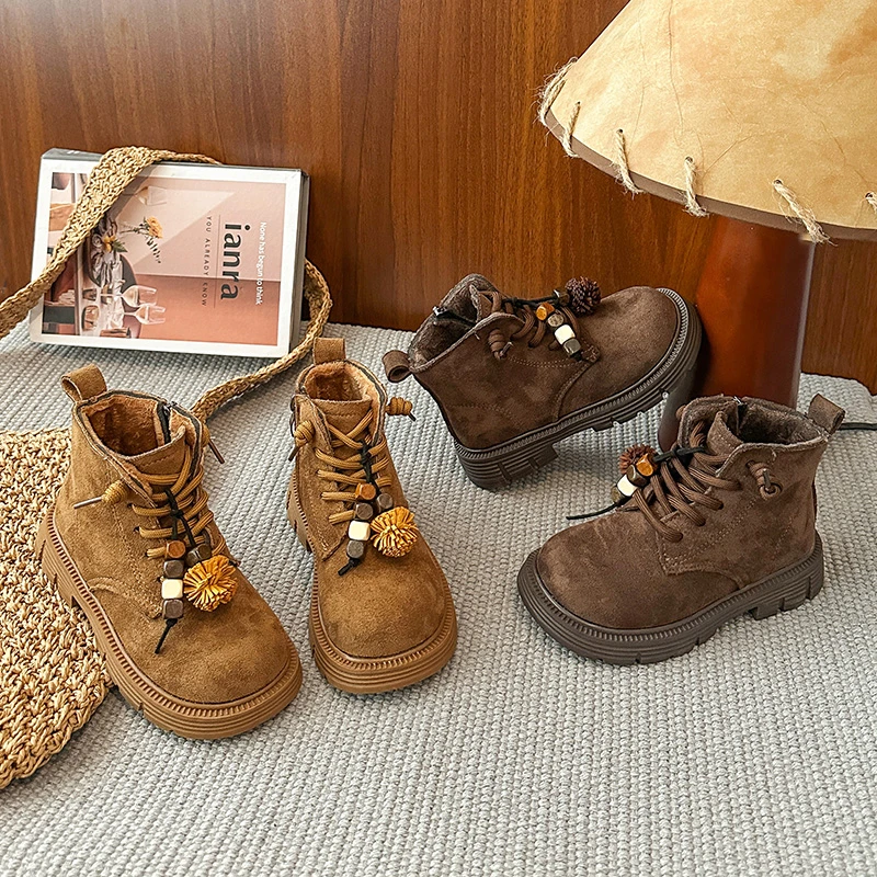 

Kids Leather Boots Retro Sweet Children Ankle Boots with Side Zipper 2025 Autumn Winter New Girls Princess Boots Round Toes Soft