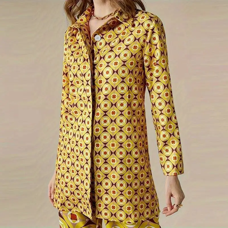 Elegante lapela botão topos conjuntos de pc moda padrão impressão commuter camisa roupas femininas manga casual longo calça terno