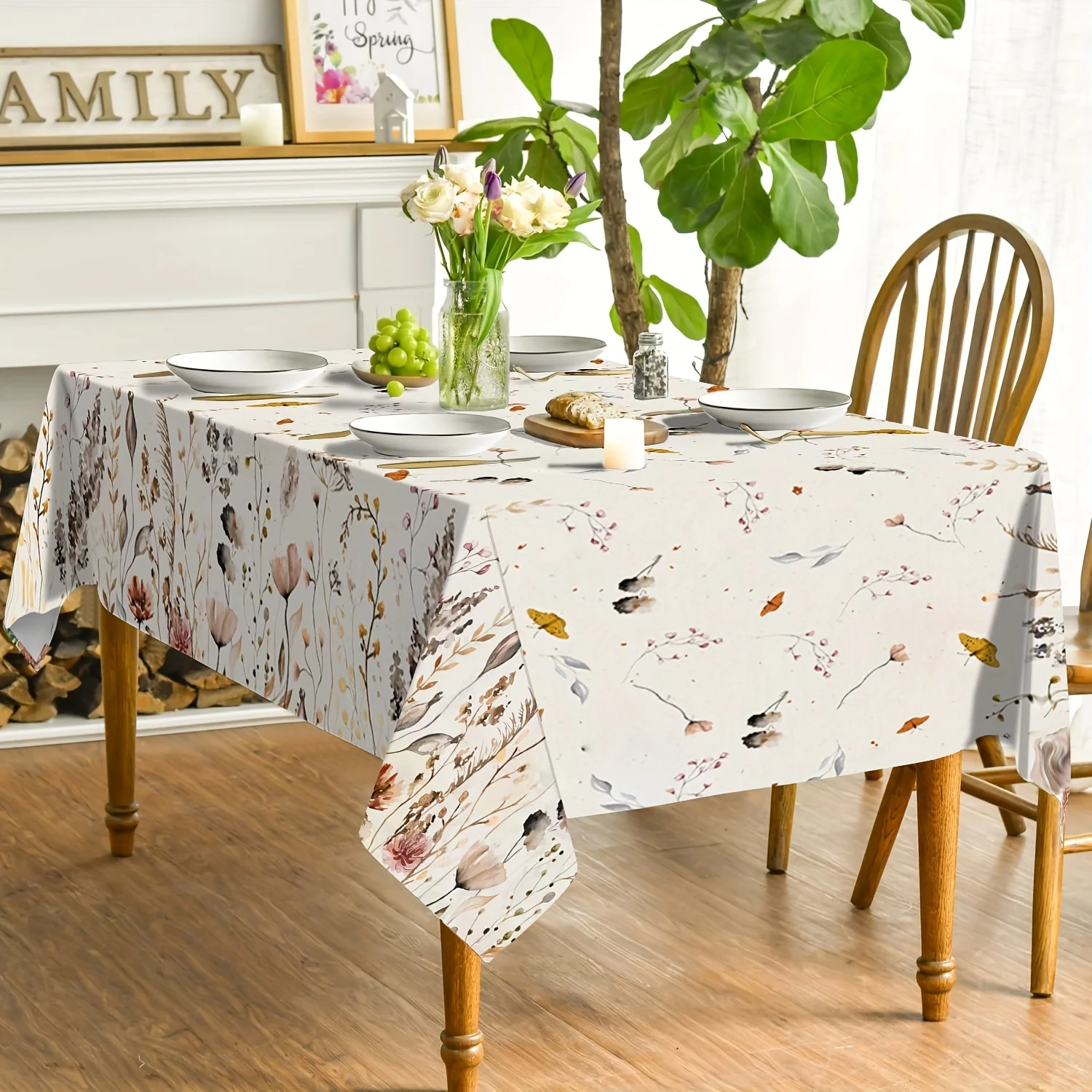 2D Flat Print 59X59in/150X150cm A Color Wildflower Tablecloth Featuring A Butterfly Flower Pattern, Designed for Spring-Themed Seasonal Use, Suitable for Parties, Picnics, And Dining Table Decoration, As Well As for Living Room And Kitchen Decor