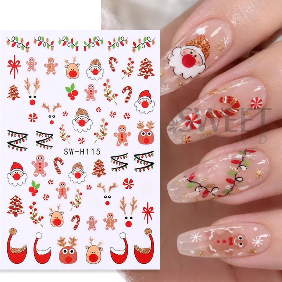 2pcs Christmas Light Nail Sticker Cute Santa Claus Reindeer Candy Cane Xmas Tree Hat Holly Nail Art Decals Winter Manicure Decor
