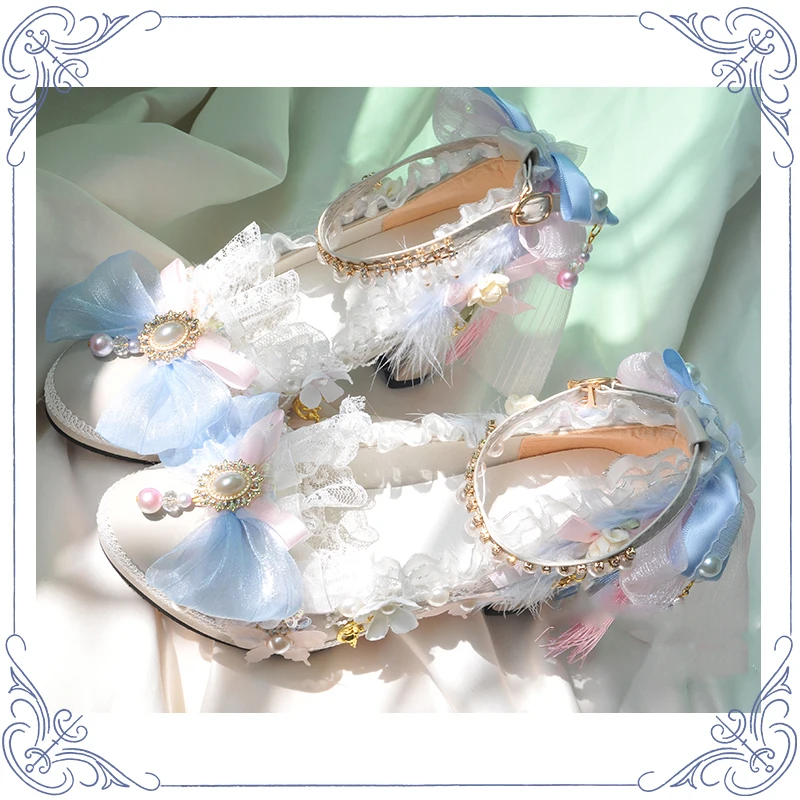 Lolita – chaussures à talons hauts pour femmes, avec joli nœud fantaisie, en dentelle, faites à la main, accessoires de fête, robe d'été de princesse, de haute qualité