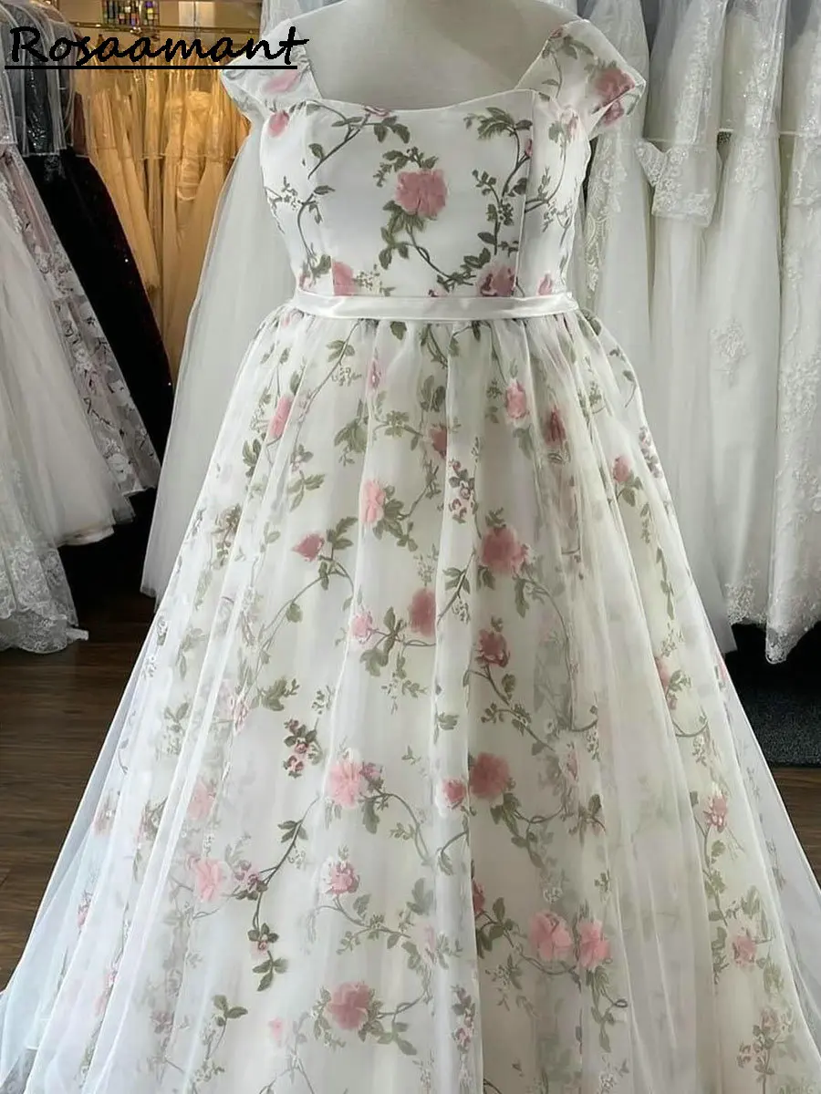 Plus Size Off The Shoulder A-Line Wedding Dresses Floral Printing Corset Customized Country Bridal Gowns