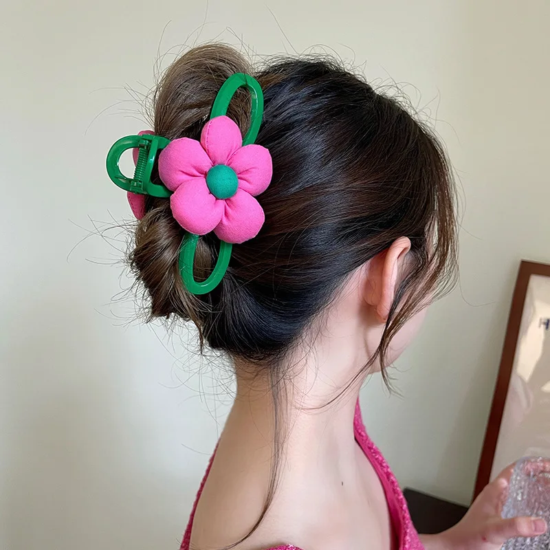 Pinza de pelo verde con flor rosa para mujer, accesorio elegante de tiburón grande, accesorios para el cabello para niña, tocado coreano de verano 2024