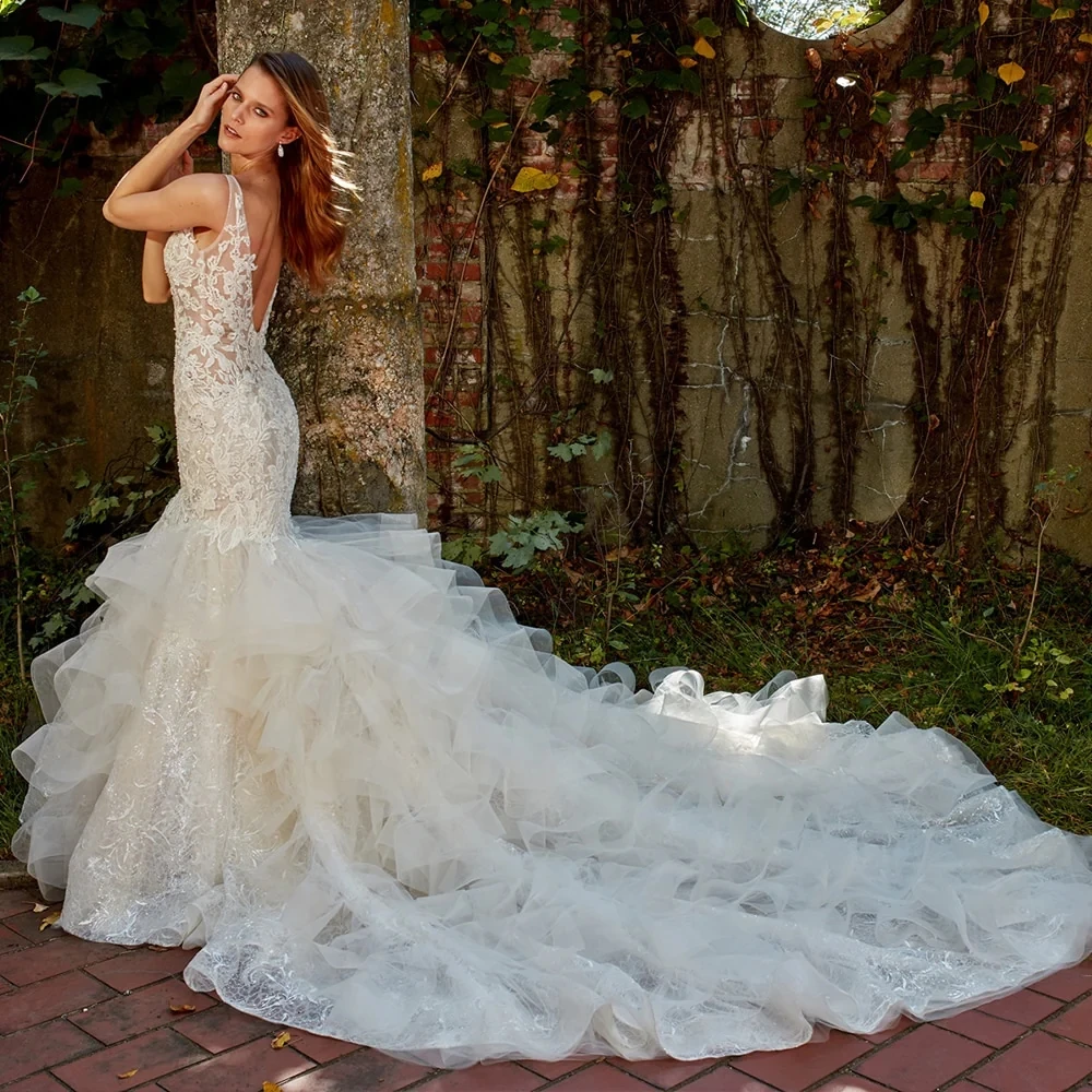 Romantic Lace Mermaid Wedding Gown Deep V Neck Backless Classic Bridal Dress With Ruffled Tulle Train For Outdoor Weddings