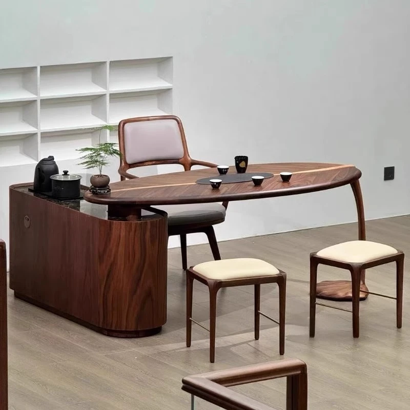 

Tea table and chair combination Italian light luxury black walnut leaf tea table household high-end solid wood tea table