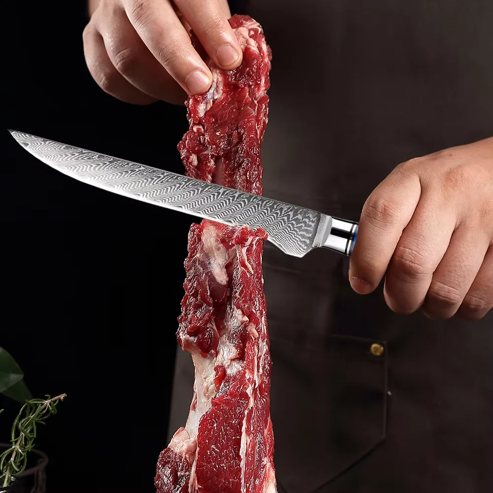 

5.5" Inch Boning Knife Damascus Steel Sharp Kitchen Knife Full Tang Fillet Knife Sea Blue Resin Handle Versatile Deboning Knife