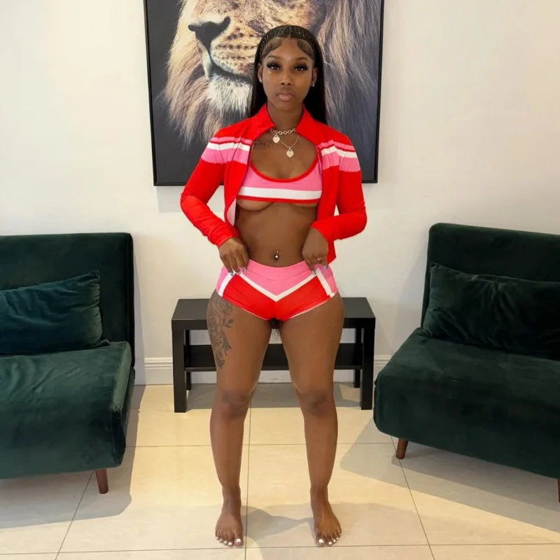 

Sexy Sport 3 Pieces Set for Woman Color Block Long Sleeves Jacket + Tanks Top and Shorts Matching Female Beach Swimsuit ﻿