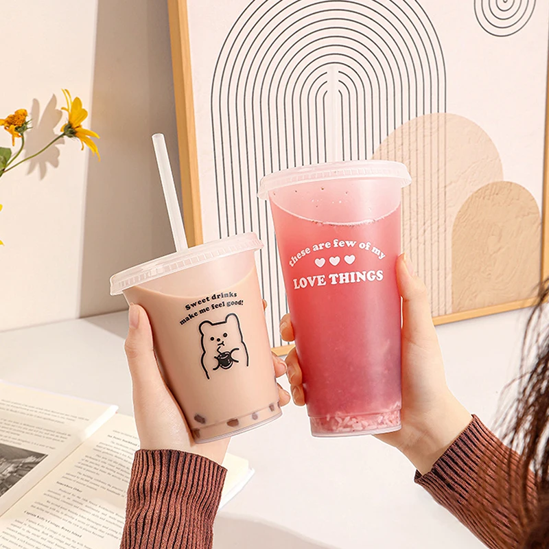 プラスチックストロー付き大容量ハンディカップ,コーヒー,ミルク,紅茶,漫画のクマ,カワイイウォーターボトル,飲用ツール,夏