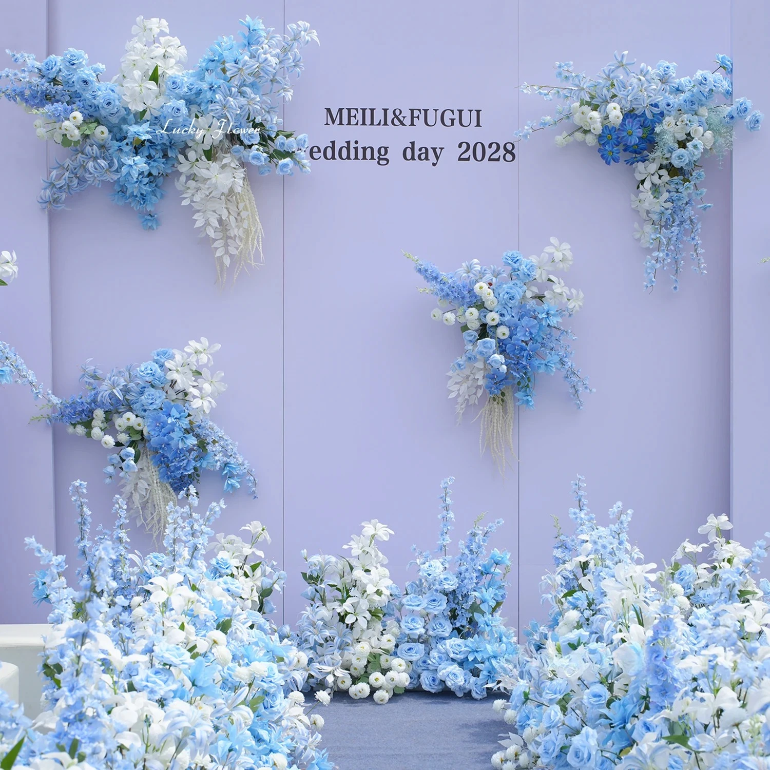 blue-white-artificial-flowers-wedding-decoration-floral-arrangement-hang-flower-row-road-lead-floor-row-outdoor-event-decor
