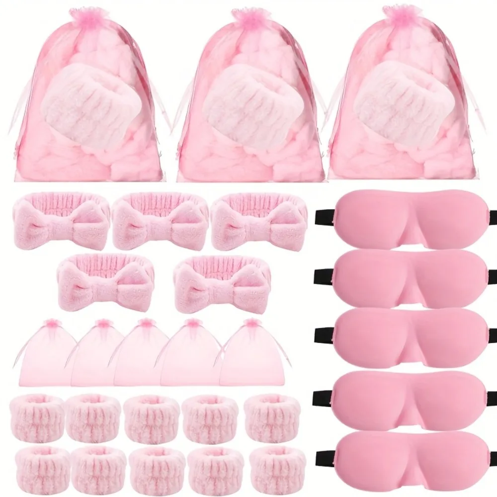 5/12/20 sets de diademas rosas para spa + máscara de dormir 3D + muñequeras de terciopelo + bolsa de tul, recuerdo para fiesta de despedida de soltera para novias, damas de honor y mujeres