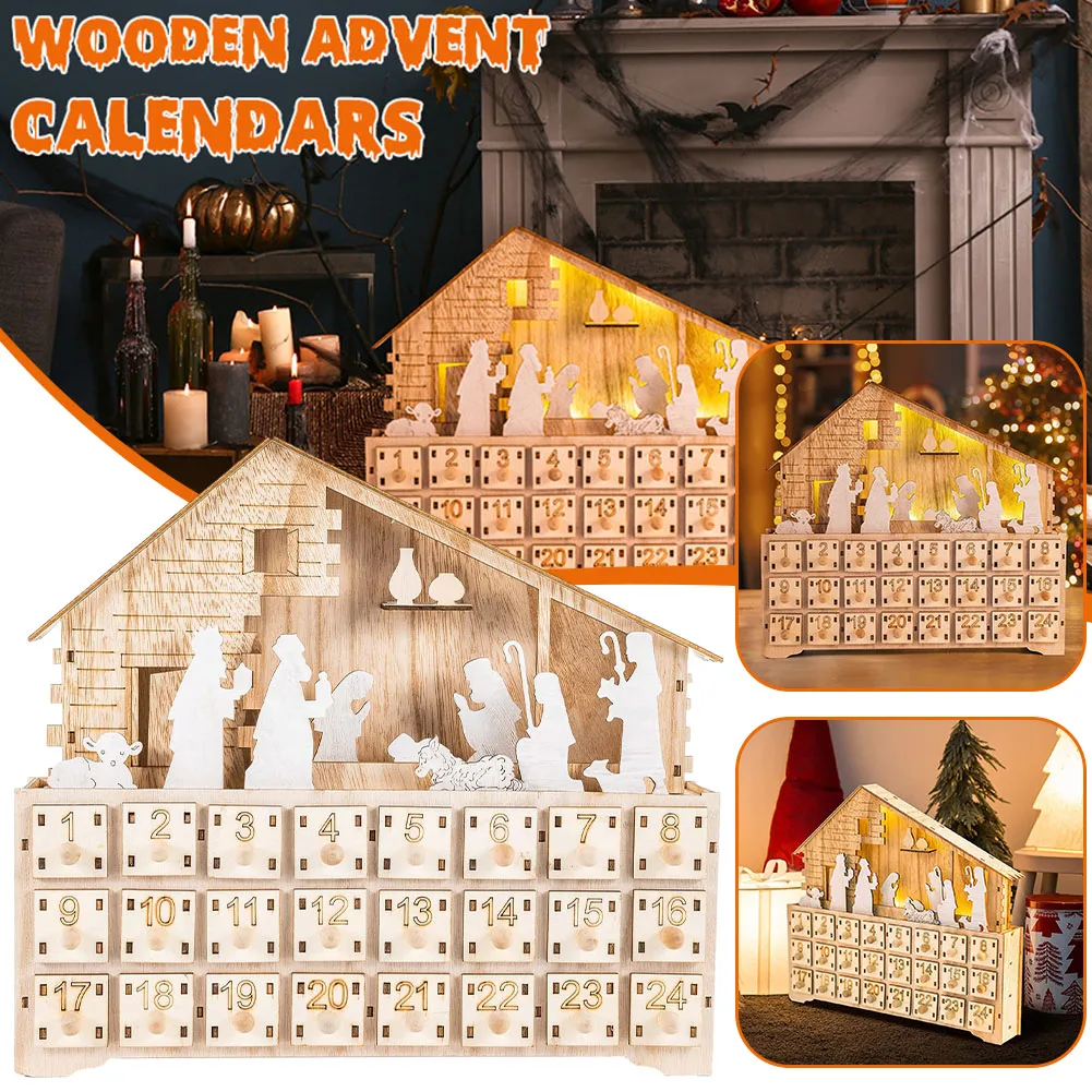 Christmas 24 Day Countdown Calendar With Light Wooden Drawer Home Decor Ornament For Kids Light Up Gifts Candy Drawer Organizer