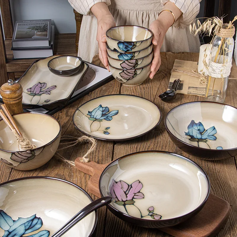 

Ceramic hand-painted flowers creative dish plate Japanese tableware household fish plate round fruit plate kiln change rice bowl